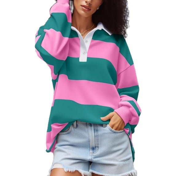 Tops Women Long Sleeve Oversized Shirt Loose Collared Preppy Pullover