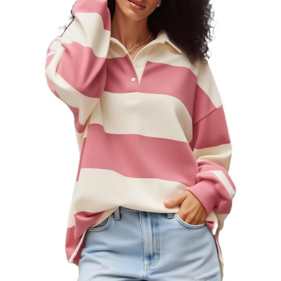 Tops Women Long Sleeve Oversized Shirt Loose Collared Preppy Pullover