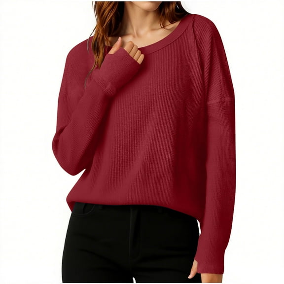 Tops for Women Long Sleeve Waffle Round Neck Knitted Splicing Shirts Casual Summer Trendy Blouses Cute T-Shirts Outfits Clothes,Plus Size Tops for Women