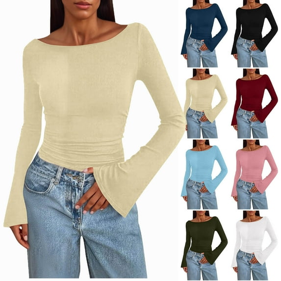 Tops for Women Ndbuld Long Sleeve Shirts for Women Solid Color Round Neck Tops Slim Comfortable Lightweight Underscrubs Blouses, Gifts for Women,Beige,XL
