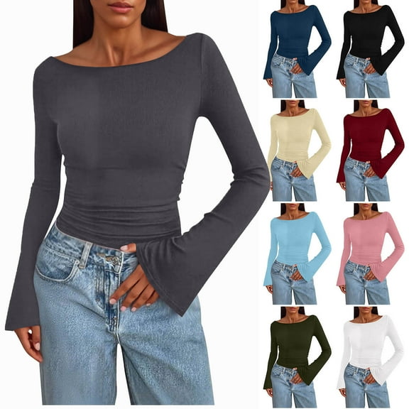 Tops for Women Ndbuld Long Sleeve Shirts for Women Solid Color Round Neck Tops Slim Comfortable Lightweight Underscrubs Blouses, Gifts for Women,Dark Gray,M