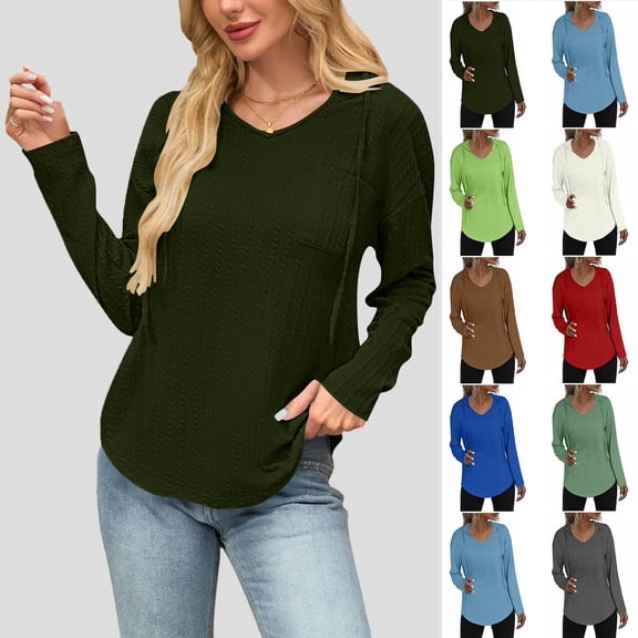 Tops for Women Ndbuld Woman Fashion Solid Color V-Neck Pocket Drawstring Hooded Long Sleeves Top Long Sleeve Shirts for Women Casual Tunic Tops,Army Green,XL