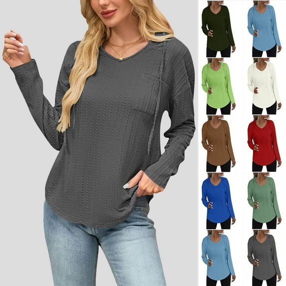 Tops for Women Ndbuld Woman Fashion Solid Color V-Neck Pocket Drawstring Hooded Long Sleeves Top Long Sleeve Shirts for Women Casual Tunic Tops,Dark Gray,L