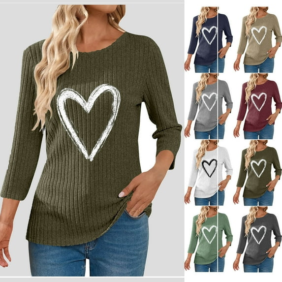 Tops for Women Ndbuld Women‘s Casual Solid Color Round-neck Hooded Spring/Fall 3/4 Sleeve Blouse Blouses Shirts Top Long Sleeve Shirts for Women Casual Tunic Tops,Army Green,L