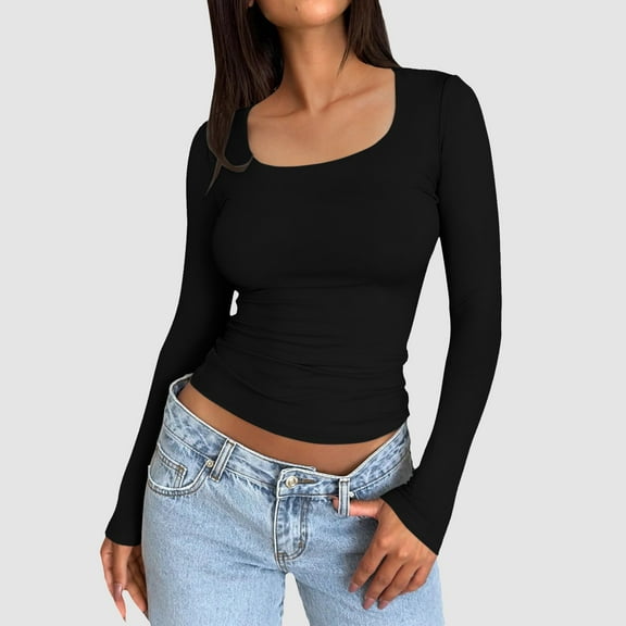 Tops for Women Plus Size Trendy Women’S Slim Tops Long Sleeve Round Neck Crop Top Tee Shirt Basic Solid Tight Slim fit Cropped Shirt Workout Yoga Long Sleeve Shirts Crop Tops Basic Slim fit T Shirts