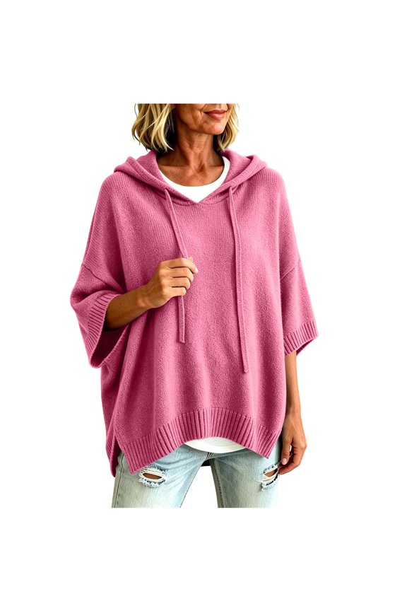 Tops for Women, Pullover Sweaters for Women Hooded Side Slit Ribbed 3/4 Sleeve Sweaters, Drawstring, Batwing Sleeve, Soft and Comfort Fabric, Drop Shoulder