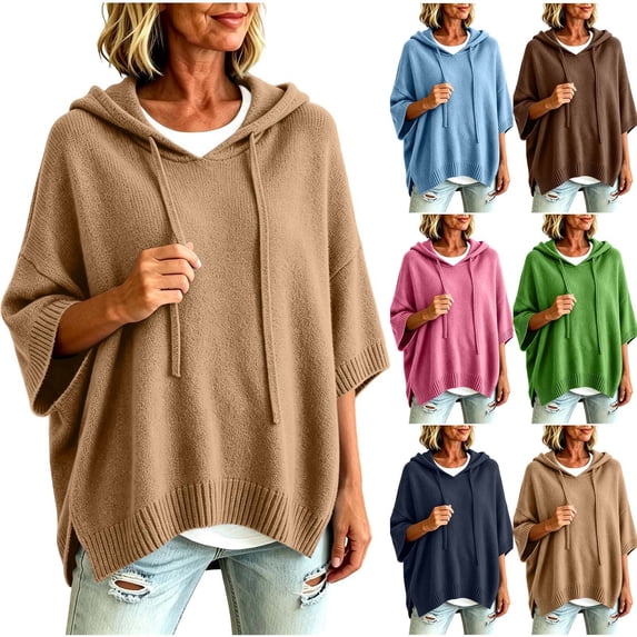 Tops for Women, Pullover Sweaters for Women Hooded Side Slit Ribbed 3/4 Sleeve Sweaters, Drawstring, Batwing Sleeve, Soft and Comfort Fabric, Drop Shoulder