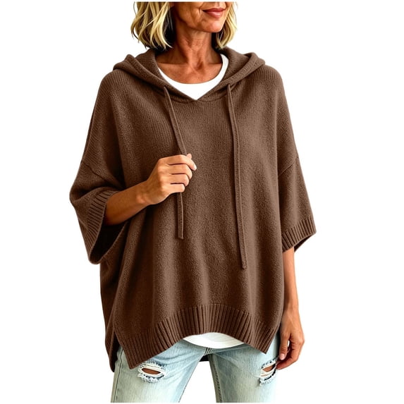 Tops for Women, Pullover Sweaters for Women Hooded Side Slit Ribbed 3/4 Sleeve Sweaters, Drawstring, Batwing Sleeve, Soft and Comfort Fabric, Drop Shoulder
