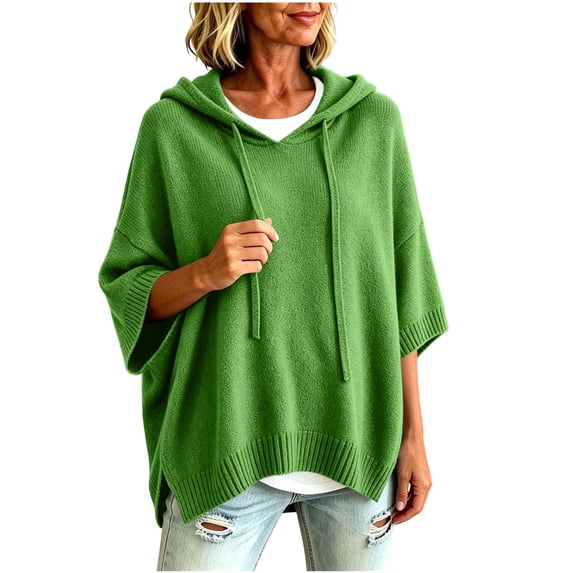 Tops for Women, Pullover Sweaters for Women Hooded Side Slit Ribbed 3/4 Sleeve Sweaters, Drawstring, Batwing Sleeve, Soft and Comfort Fabric, Drop Shoulder