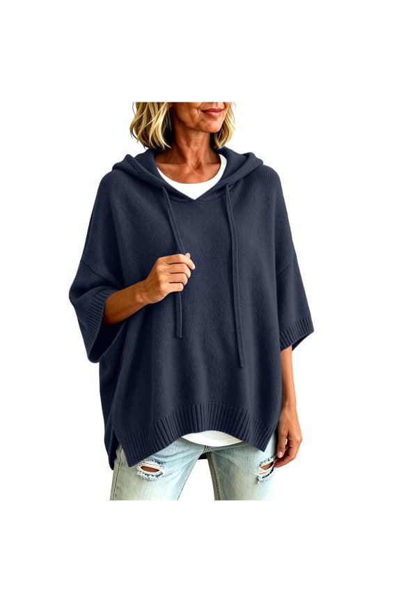 Tops for Women, Pullover Sweaters for Women Hooded Side Slit Ribbed 3/4 Sleeve Sweaters, Drawstring, Batwing Sleeve, Soft and Comfort Fabric, Drop Shoulder