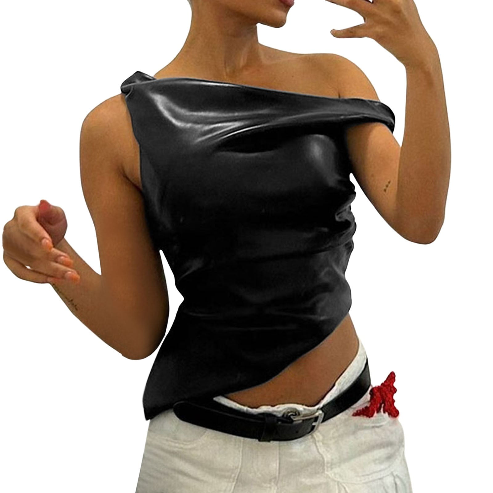 Tops for Women Summer 2025 Ttrendy Fashion Faux Leather Off Shoulder ...
