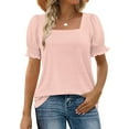 thumbnail image 1 of Tops for Women Summer Casual Ruffle Trim Sleeve Square Neck T-Shirts, Striped Printed Loose Fit Blouse, Stylish and Comfortable Short Sleeve Top, Limited Time Off, 1 of 6