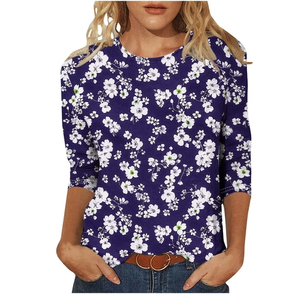 Boho Tops for Women Tops Fall Casual 3/4 Sleeve Shirts Plus Size Long Black Blouses Dressy Casual Round Neck