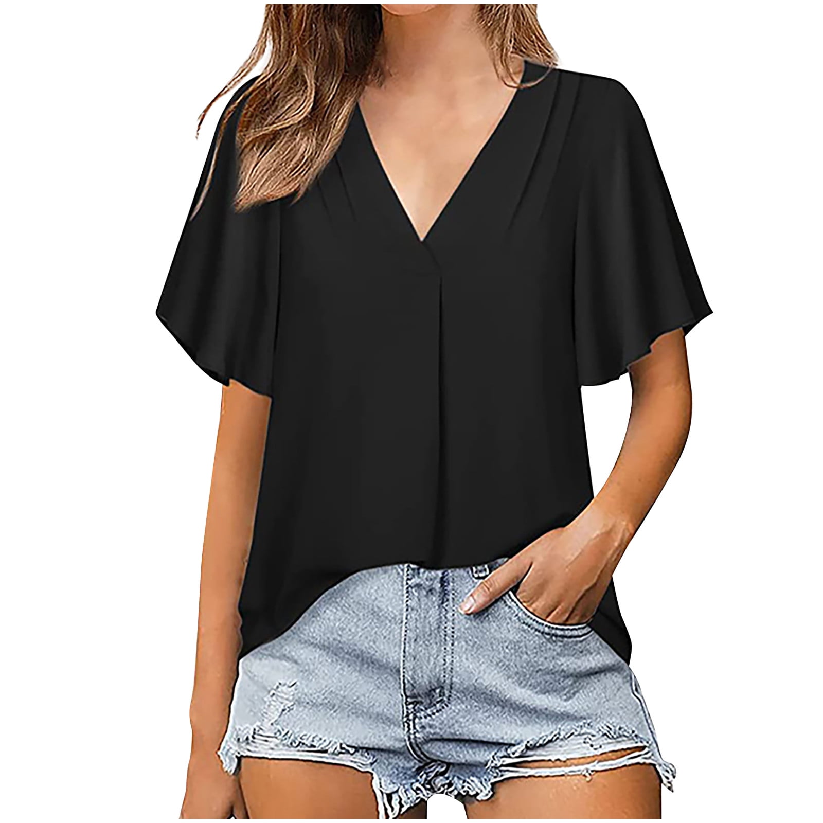 Baikeli Spring Blouses for Women 2024 Casual Tops for Women Solid Color  Dressy Blouse Fashion Vneck Tshirt Sexy Short Sleeve Tee 2024 Oversized  Soft Shirt Camisas Blancas Para Mujer 2024 