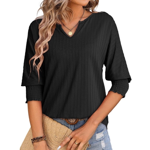 Tops For Women Trendy Casual Summer Basic T Shirts Lightwight 3/4 Sleeve Textured Solid V Neck Tees Blouses Womens Tops And Blouses plus Silk Tops for Women plus Solid T Shirt Women plus Size Sleep