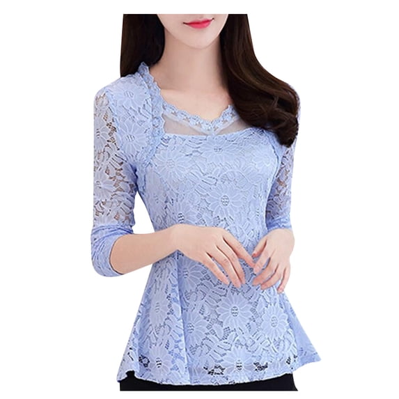 Tops for Women Trendy Compression Workout Shirts Soft Women Tee Shirts Long Sleeved T Shirt Colla Blouses Lace Rayon Work Layer Tee Neck Ladies Tops Short Sleeve Undershirt Loose Dress Light blue 4XL