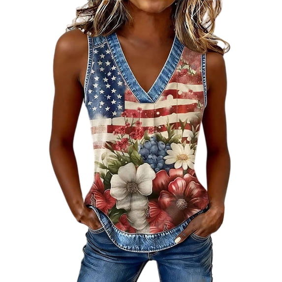 Tops for Women Trendy Gsakboxl Women's Summer Casual V‑Neck Sleeveless Tank Top Denim Trim & Independence Day Flag Print Fashion Vest Shirt Wine Red XXL