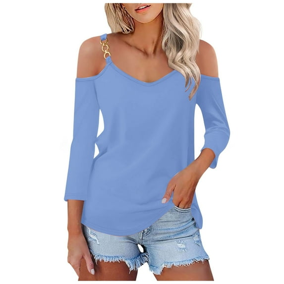 Tops for Women Trendy Long Sleeve Dress Shirt for Women Long Fitted Shirts Sheer Shirts Color Top round 3/ 4 Sleeve Tee Loose Shirt Short Blouses Business Casual Sky Blue L