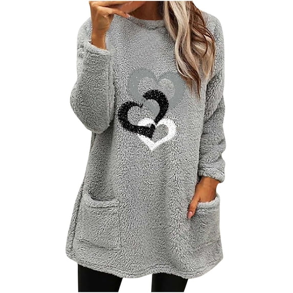 Tops Women Trendy Plus Size Long Sleeve Womens Workout Tank Tops Round Neck Winter Print Pocket Warm Long Sleeve Sweatshirt
