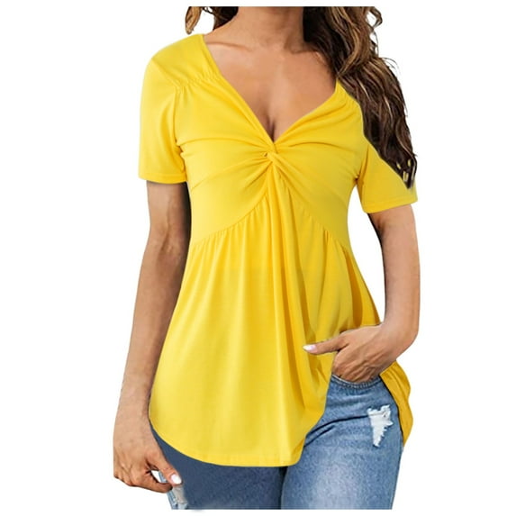Tops for Women Trendy Raglan Long Sleeve Shirt Women Ladies Short Sleeve Tops Womens Casual Summer Shirts Dressy Blouses V Tees Casual Top Blouse Chiffon Tunic Blouse Chiffon Work Blouses Yellow S