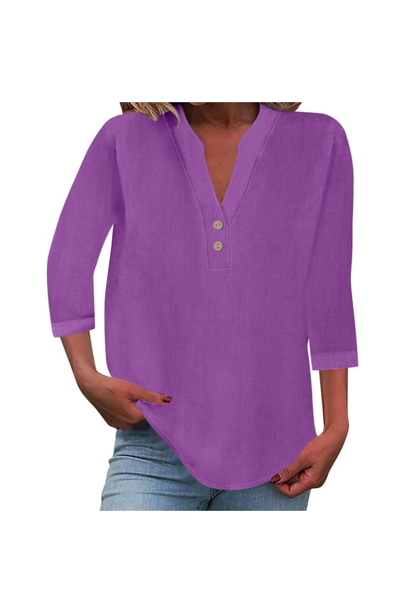 Tops for Women Trendy Silk Work Blouses Women Cute Shirt Girl 7 Sleeve Shirt V Neck Color Blouses for Pom Short Long Sleeve Dress plus Size Womens V Neck Undershirt Pack Compression Top Long Purple S