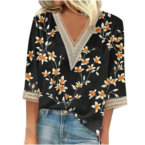 Womens Blouses Fall 2025 Plus Size Tops Dressy 3Xl Graphic 3/4 Sleeve Shirts Funny Work Blouses Office Cotton