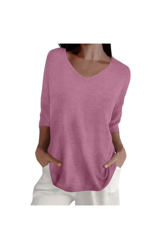 Women Summer Tops Women Spring Casual 3/ 4 Sleeve Solid Color V Neck Loose Pullover Knit Fall Sweaters Tops Ladies Long Shirt Thermal Shirt Violet Dress plus Size 3x Bulk Clothes Large 1 Hot Pink 2XL