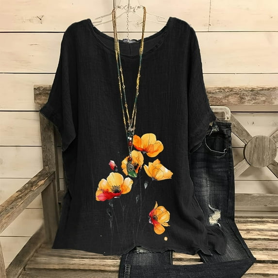 Tops for Women Trendy Viikei Womens Plus Size Tops Short Sleeve,Women's Fashion Print Tees Casual Crew Neck Raglan Short Sleeve Loose T Shirt Linen Blouses Black XL