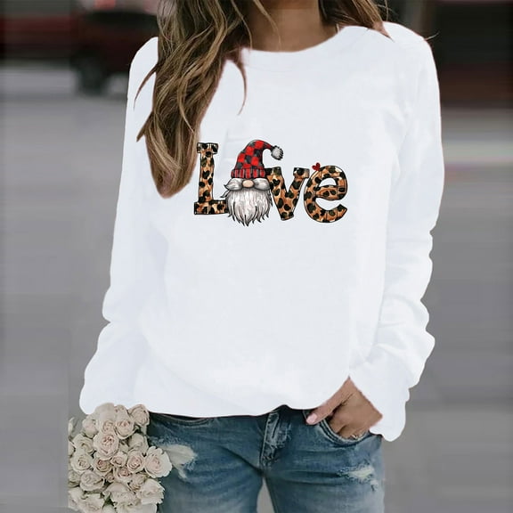 Tops for Women Trendy Viikei Womens Sweatshirts with No Hood,Plus Size Tops for Women Dressy,Ladies' Casual Valentine's Day Printed Long Sleeved Round Neck Top/shirt White S