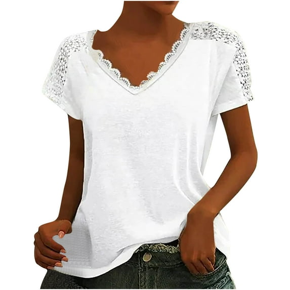 Tops for Women Trendy Viikei Womens Tops Clearance Elegant Lace Splicing V-Neck Short Sleeve Bow Neck Shirt for Womens Plus Size Loose Fit Solid Color Blouses for Spring Summer Women's T-shirt Top