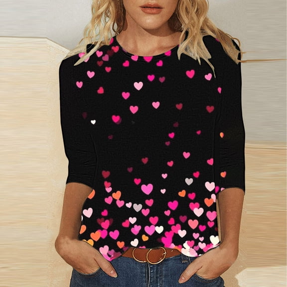 Tops for Women Trendy Viikei Womens Tops Long Sleeve Dressy Casual,Ladies' Valentine's Day Casual Printed Round Neck Three Quarter Sleeve 3/4 Sleeve T-shirt Loose Top Multicolor XXL