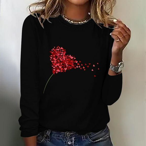 Tops for Women Trendy Viikei Womens Tops Long Sleeve Dressy,Women's Valentine's Day Fashion Print Loose Comfortable Crew-neck Long Sleeve Tops Black XXL