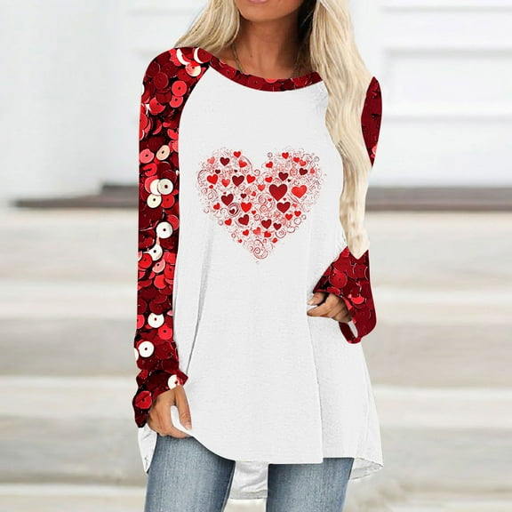Tops for Women Trendy Viikei Womens Tops Long Sleeve,Fall Tops for Womens 2025 Trendy,Ladies Casual Valentine's Day Printed Pullover with Shoulder Sleeves Long Sleeved Round Neck TopShirt Red S