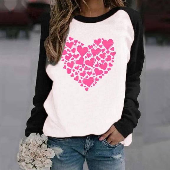 Tops for Women Trendy Viikei Womens Tops Long Sleeve Sweatshirts,Valentine's DayShirts for Women Crewneck Graphic Sweatshirts Heart Pullover Casual Long Sleeve Gift Tops Blouse Black S