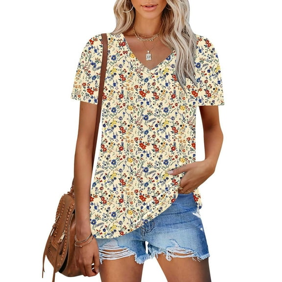 Tops for Women Trendy Viikei Womens Tops Short Sleeve Casual,Blouse for Women Dressy Casual,Women's New Short-sleeved V-neck Pullover Casual Printed Fashion Top Multicolor S