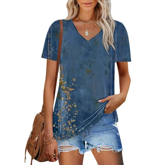 Tops for Women Trendy Viikei Womens Tops Short Sleeve Cotton,Blouse for Women Dressy Casual,Women's New Short-sleeved V-neck Pullover Casual Printed Fashion Top Multicolor XL