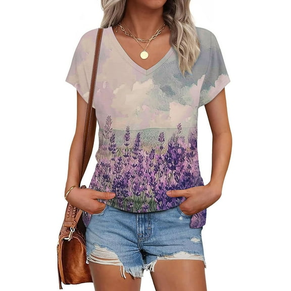 Tops for Women Trendy Viikei Womens Tops Short Sleeve Prints,Plus Size Tops for Women Short Sleeve V Neck Shirts,Women's Printed V-neck Short-sleeved T-shirt Loose Top Short Sleeve Top Multicolor XL