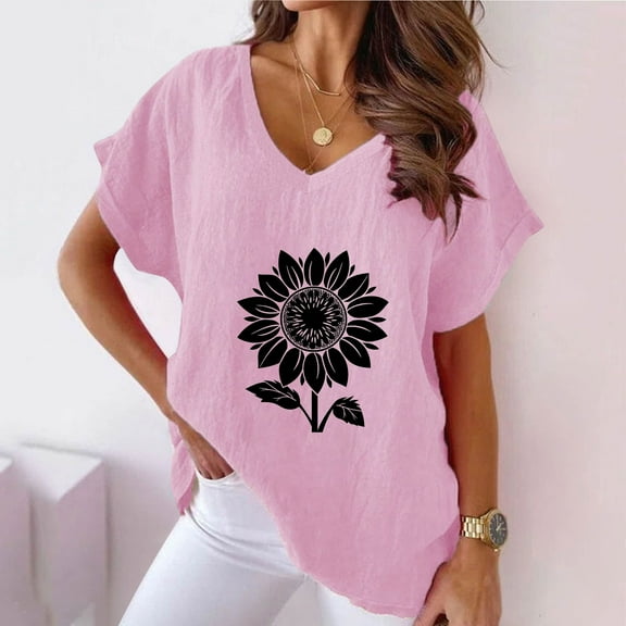 Tops for Women Trendy Viikei Womens Tops Trendy,Women's Short Sleeve Summer Tops,Women V-neck Print T-Shirts Fashion Comfortable Female Blouses Pink XXXL