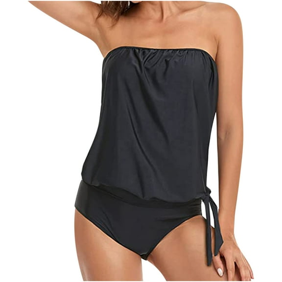 Tops for Women Trendy Viikei Womens Two Piece Swimsuit Sleeveless Tankini Swimwear Tank Tops Bathing Suits with Stylish Solid Color Bandeau Swimsuits for Women Loose Fit Blouson Swimsuit with Shorts