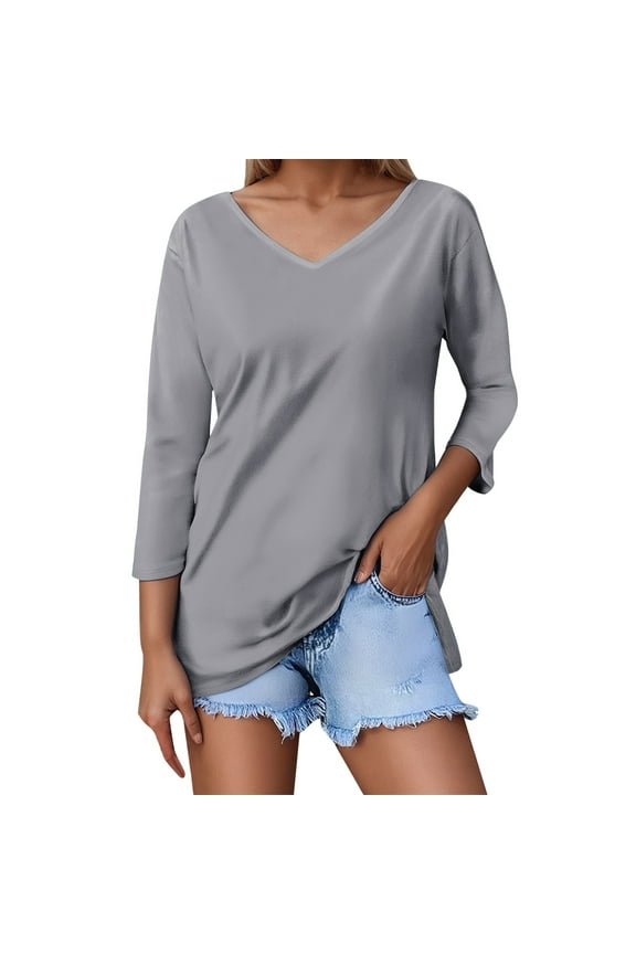 Women Summer Tops Women's Solid Color V Neck Regular Fit 3/ 4 Sleeve T Shirt Top For Casual Wear Raglan T Shirts Women Extra Long Short Sleeve Shirts for Fruit Tops Long Shirt V Neck Grey 2XL