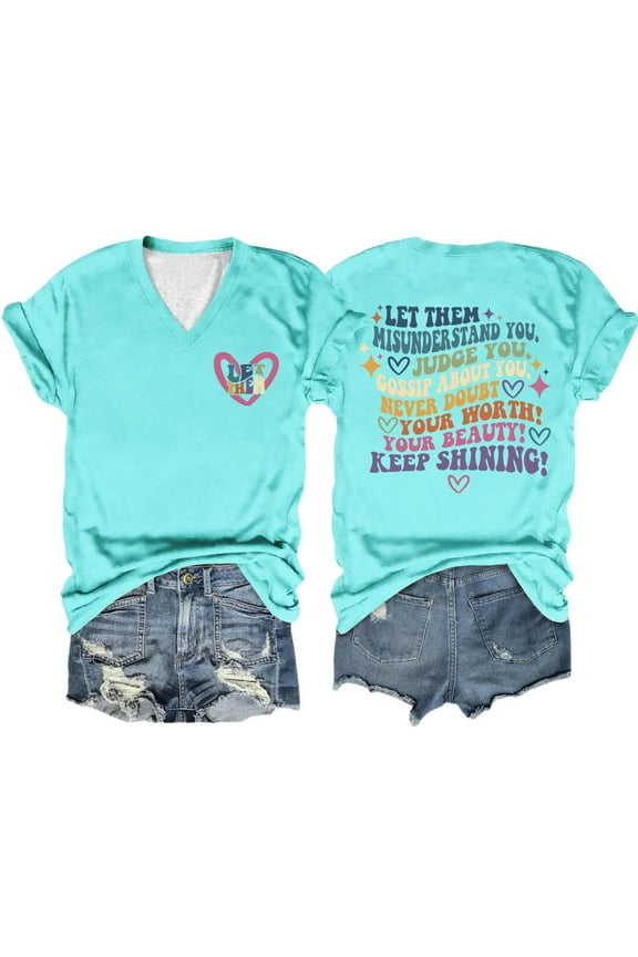 Tops for Women Trendy Women Summer Let Them Misunderstand You Letter Double Printed V Short Sleeve T Shirts for Women plus Size Tunic Chiffon Crop Short Sleeve Tops for Women Lady Exercise Wo Blue 3XL