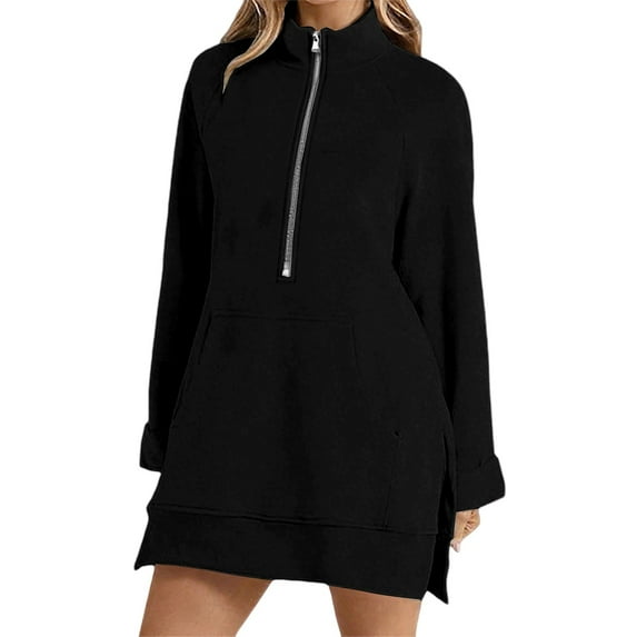 Tops for Women Trendy Women's Solid Color Sweatshirt Women's Half Zip Side Slit Longline Casual Sweatshirt Fall Winter Pullover Top Loose Fit Comfortable Soft Stretch Athletic Wear