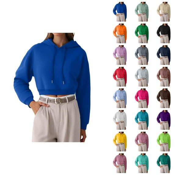 Tops for Women Trendy Women's Solid Sweatshirt Women's Casual Short Hooded Sweatshirt With Pockets Drawstring Pullover For Spring Summer Fall Everyday Wear