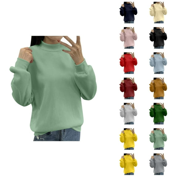 Tops for Women Trendy Women's Solid Sweatshirt Women's Lined Small Turtleneck Loose Casual Long Sleeve Crew Neck Sweatshirt Solid Color Hoodless Pullover