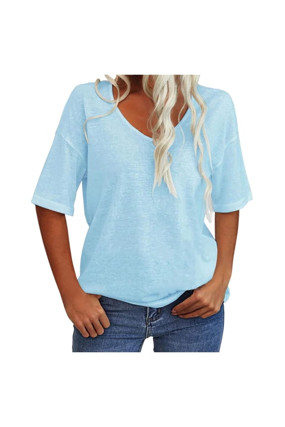 Tops for Women Trendy Womens Elbow Length Sleeve Tops Womens Popover Blouse Long Sleeved Women V Tees Athletic Tee Shirts Sweaters Long Sleeve Ladies Shirts And Blouses Sleeves under Shirt Sky Blue S