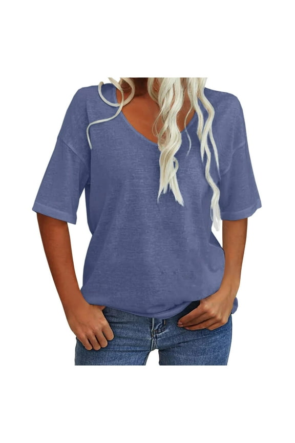 Tops for Women Trendy Womens Elbow Length Sleeve Tops Womens Popover Blouse Long Sleeved Women V Tees Athletic Tee Shirts Sweaters Long Sleeve Ladies Shirts And Blouses Sleeves under Shirt Blue S