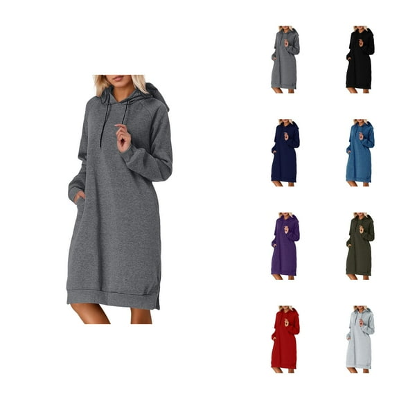 Tops for Women Women's Solid Sweatshirt Women's Casual Hooded Sweater Dress Split Hem Long Sleeve Pullover Tunic Top For Daily Wear In Fall And Winter