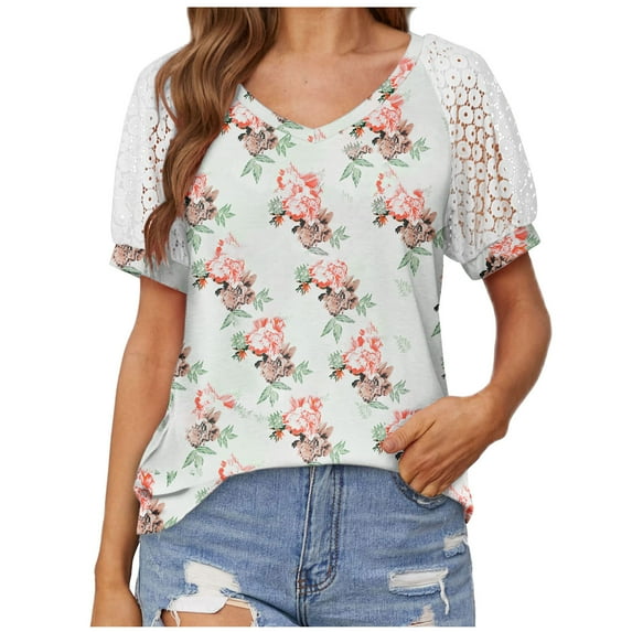 Tops Women's Hollow Out Lace Short Sleeve V Neck Patchwork Summer Top Tee Casual Loose Fit Dressy Blouses Mom Gifts