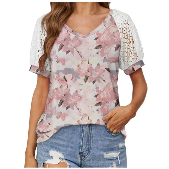 Tops Women's Hollow Out Lace Short Sleeve V Neck Patchwork Summer Top Tee Casual Loose Fit Dressy Blouses Mom Gifts