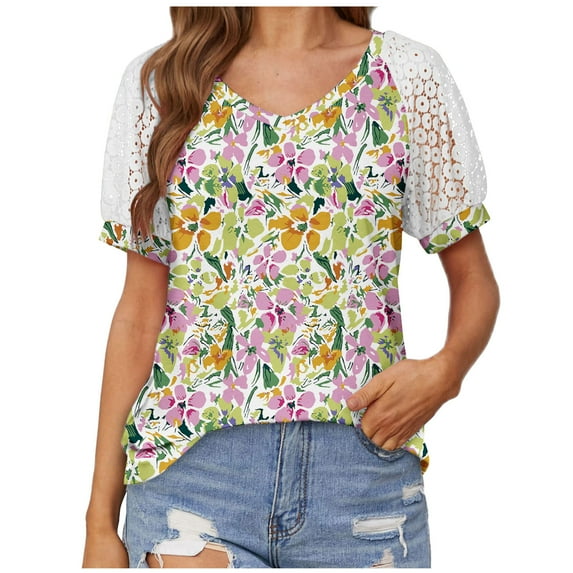 Tops Women's Hollow Out Lace Short Sleeve V Neck Patchwork Summer Top Tee Casual Loose Fit Dressy Blouses Mom Gifts